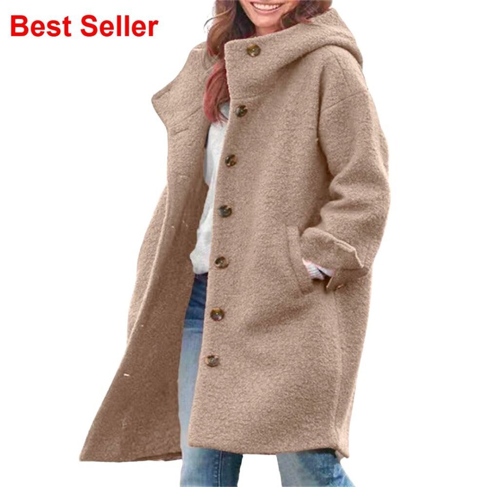 Women's Winter Wool Blend Trench Coat with Hood, Knee Length, Casual